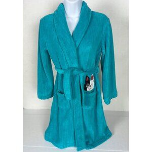 Joe Boxer Robe Girl Size L 10 to 12 Blue w White Black Cat w Pink Ears Pockets